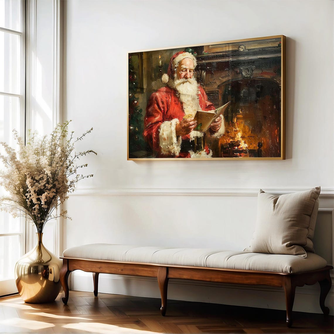 Santa Claus Reading His Letter by the Fireplace Christmas Poster - Image 4
