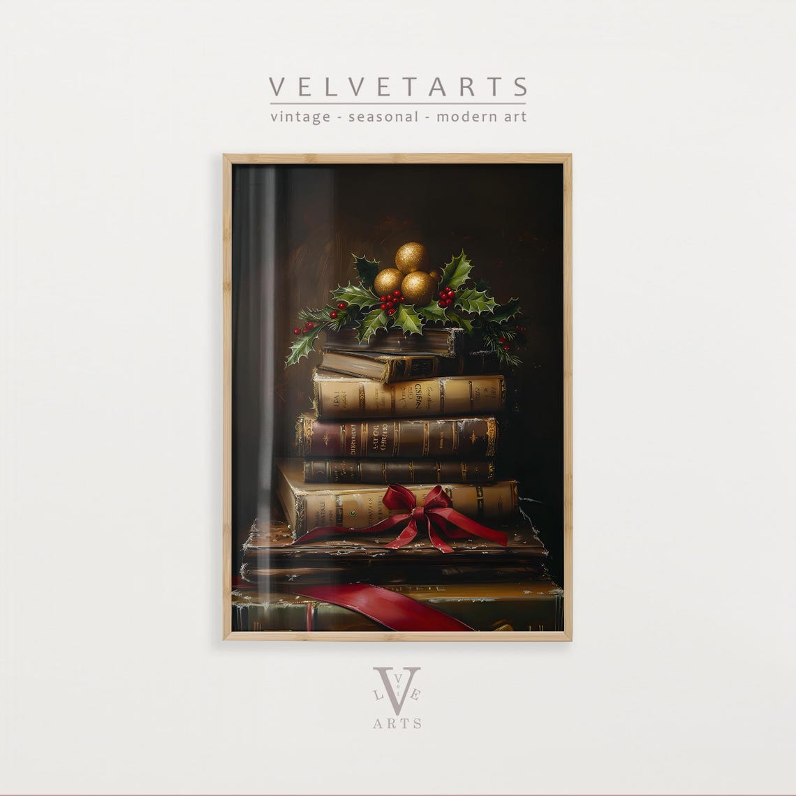 Stack of Antique Books With Holly Berries and Gold Ribbon Poster