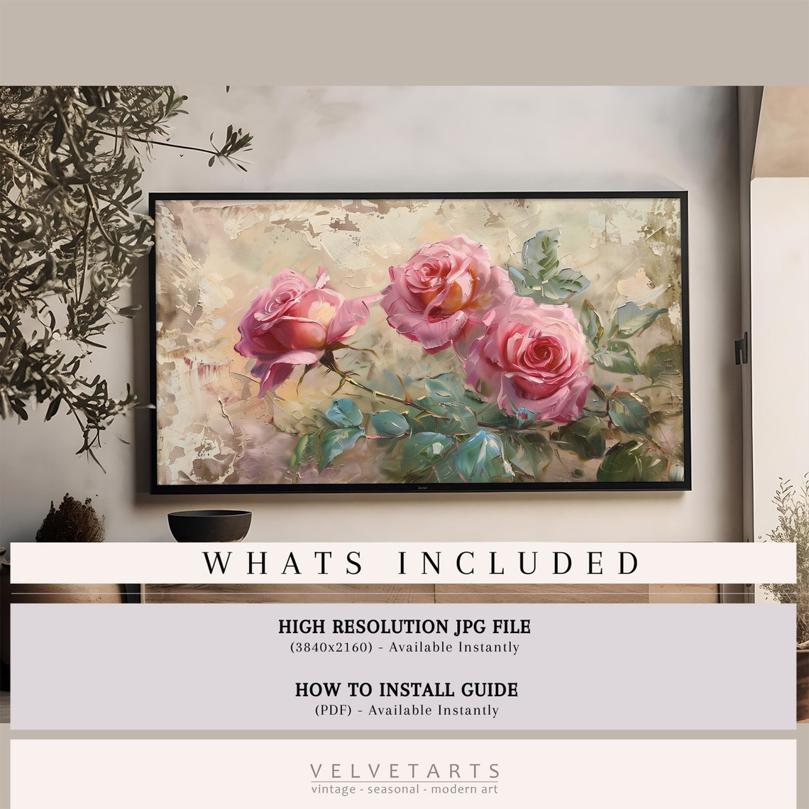 Classic Blush Pink Roses Trio Vintage Floral Painting Wall Art - Image 4