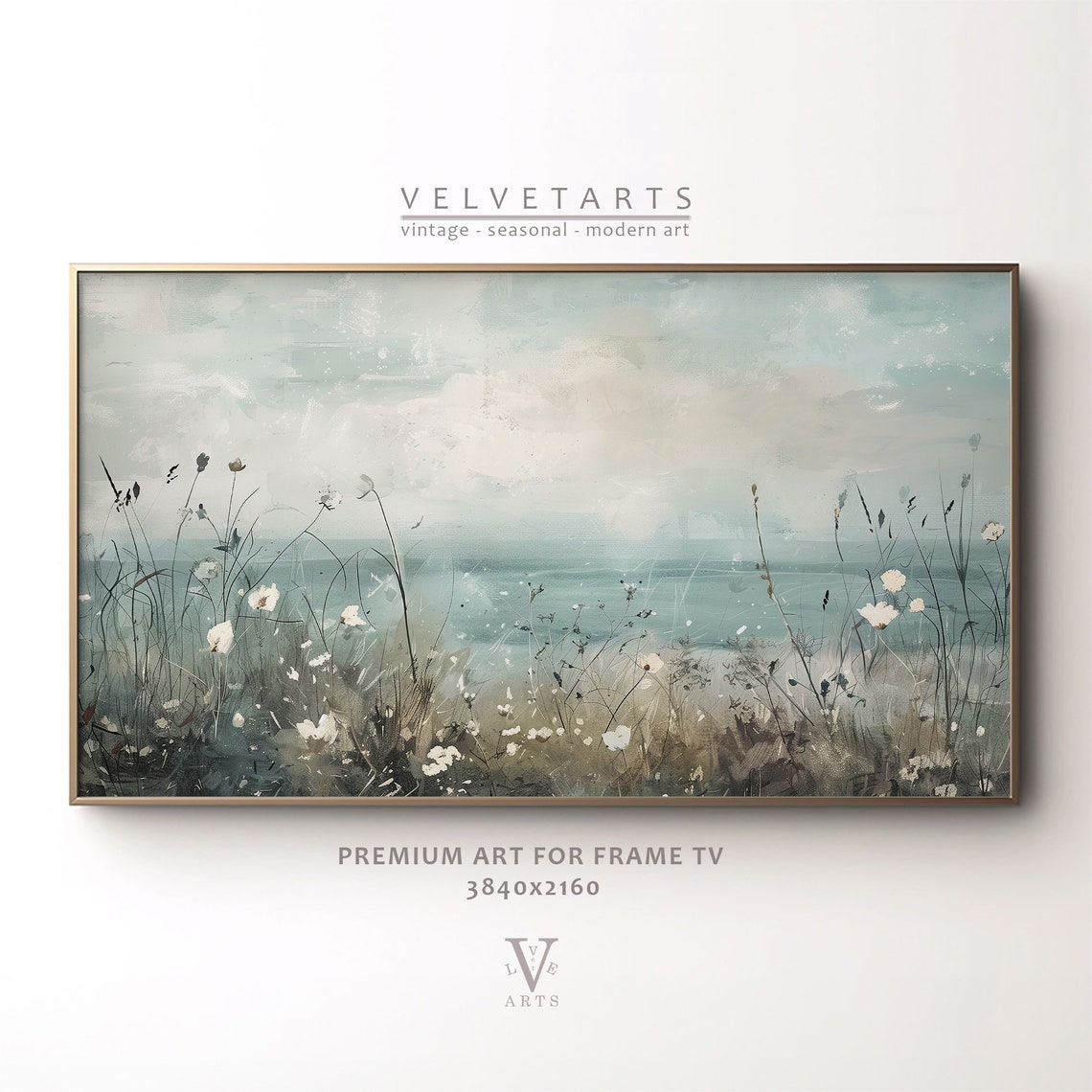 Coastal Wildflowers Muted Seaside Meadow Vintage Painting Wall Art