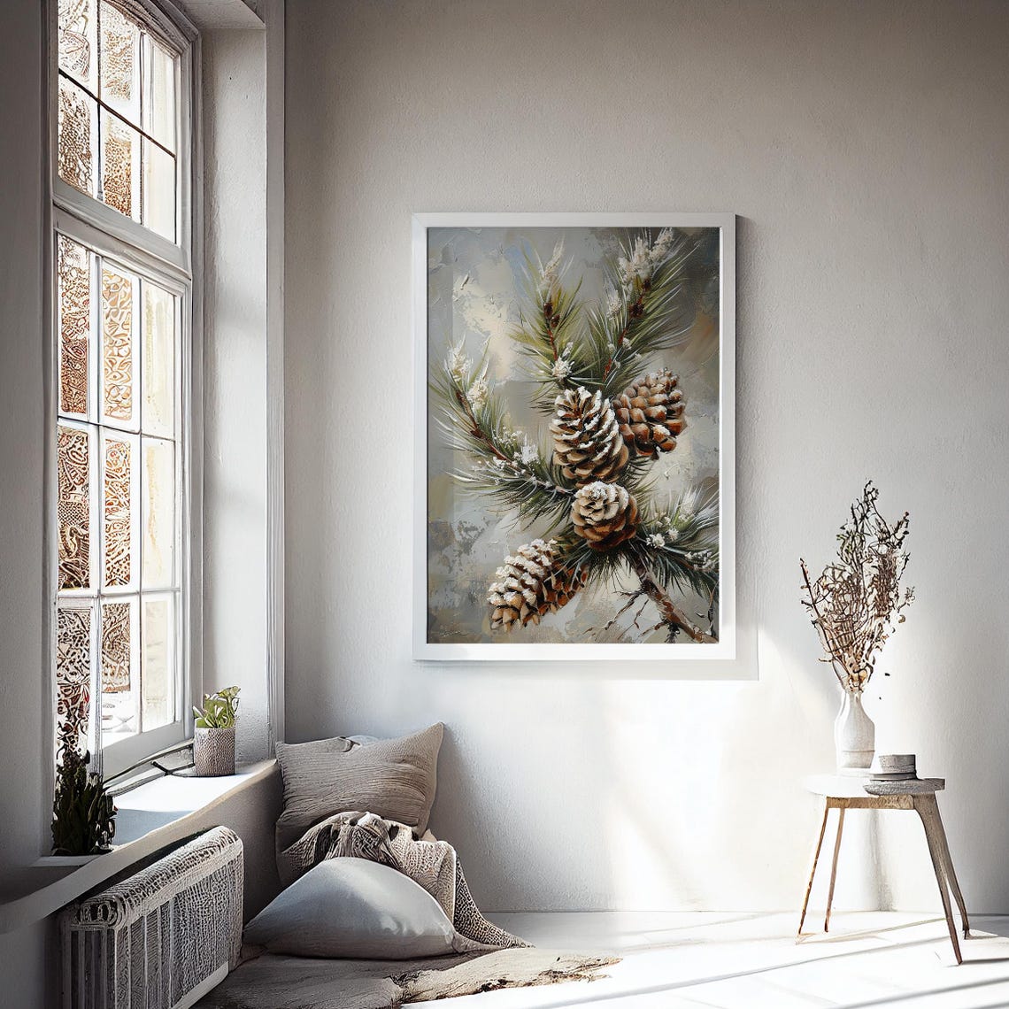 Frosted Pine Cones Evergreen Branch Winter Botanical Wall Art Poster - Image 2