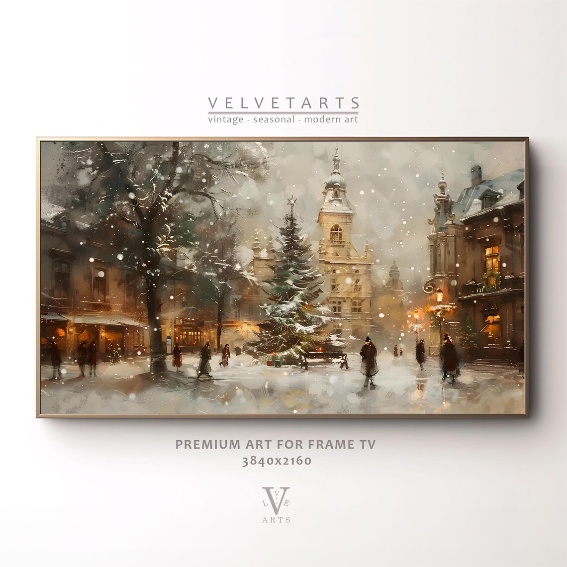 Old Town Square Snowfall Christmas Market Winter Painting Poster
