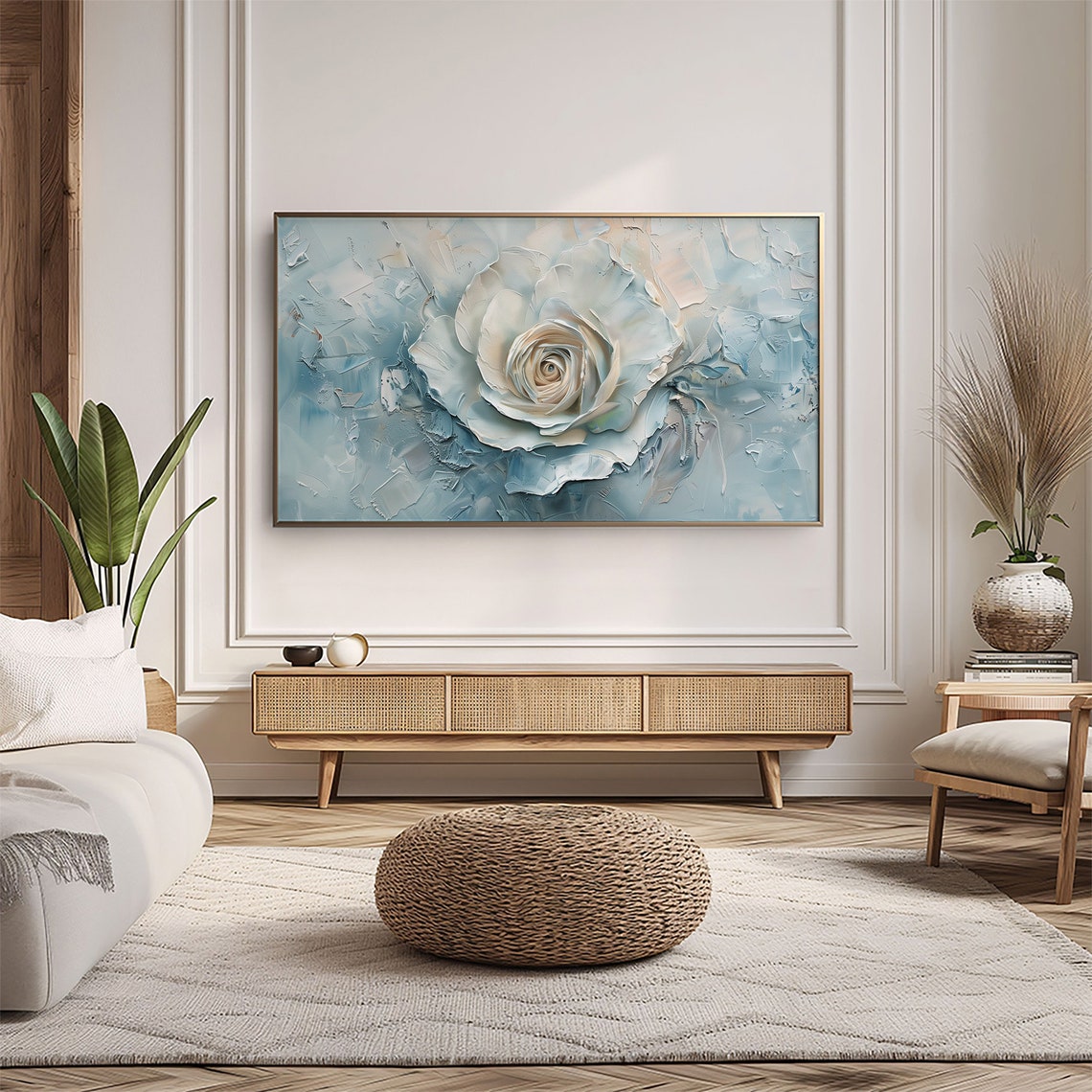 Blue White Rose Abstract Floral Textured Cool Painting Wall Art - Image 5