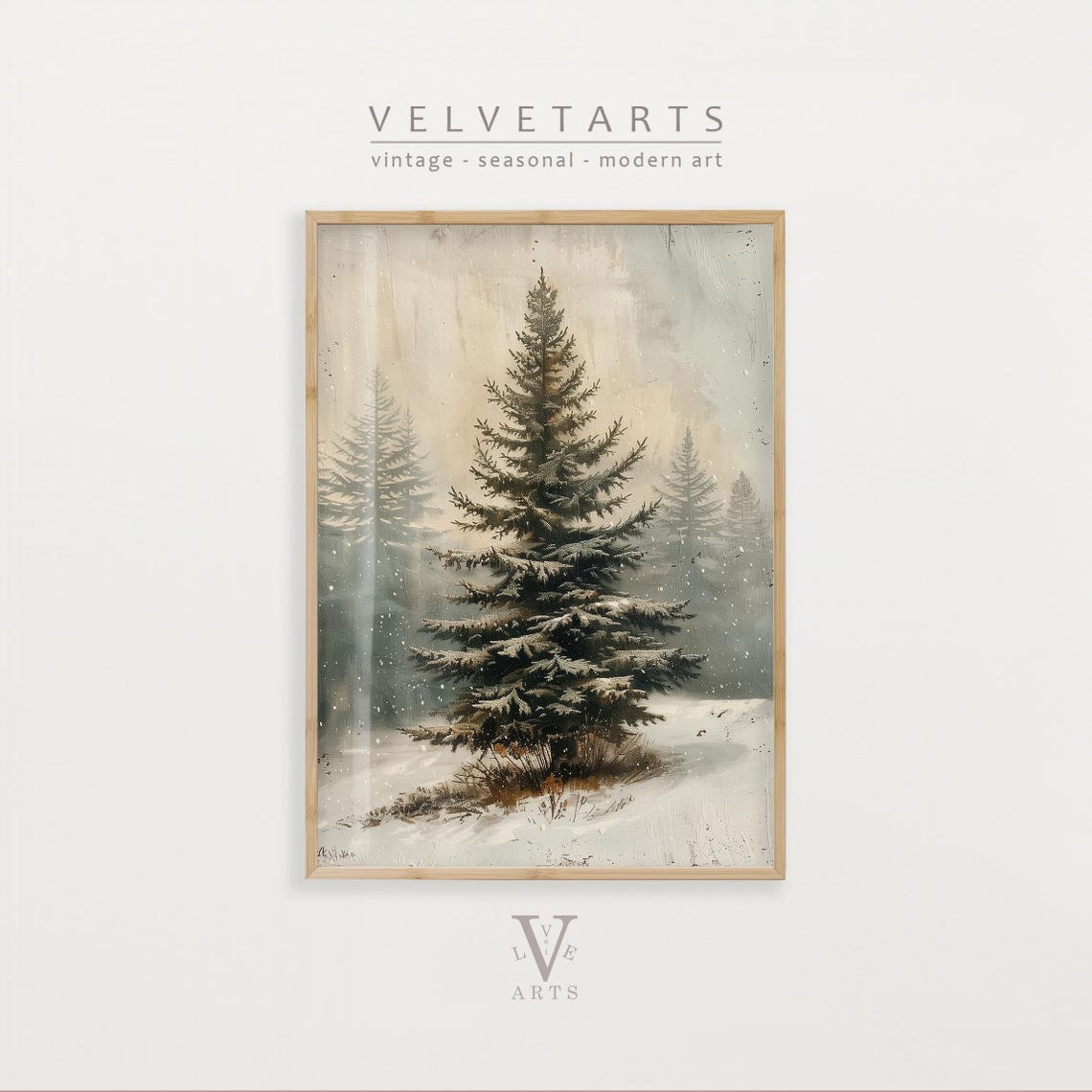 Solitary Snowy Evergreen Tree in Misty Winter Forest Art Poster