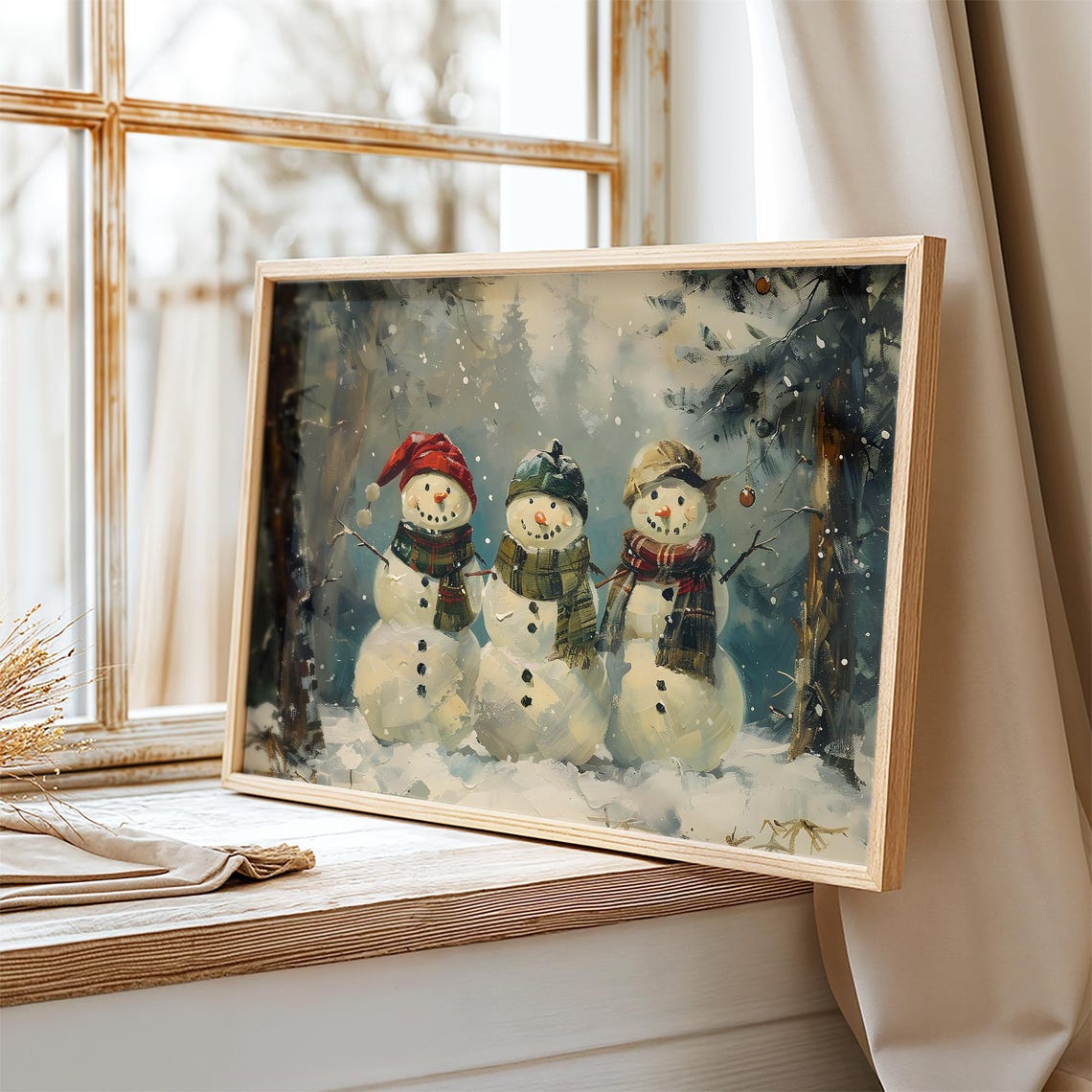 Frosty Snowman Trio With Festive Hats in Snowy Woods Wall Art - Image 2
