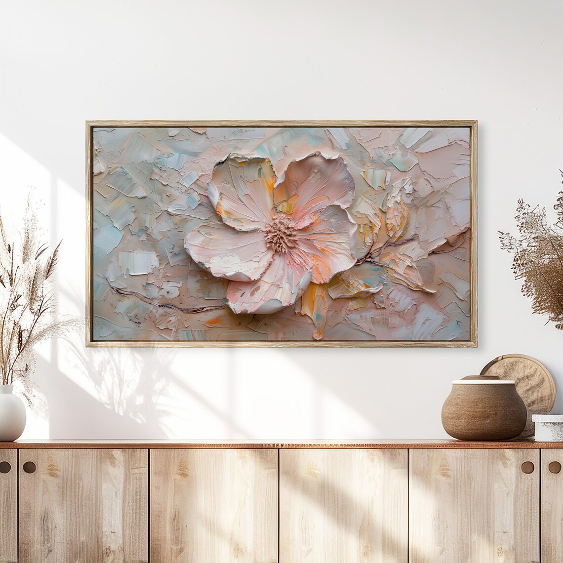 Soft Blush Flower Abstract Textured Pastel Floral Painting Wall Art - Image 3