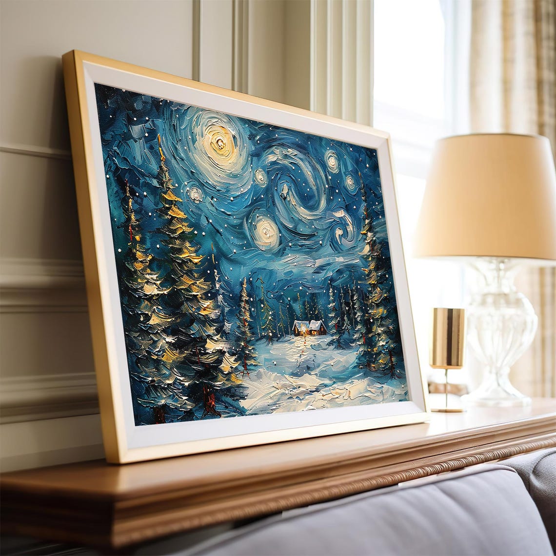 Starry Night Winter Cabins Snowy Pines Impasto Style Wall Art Print - Image 4