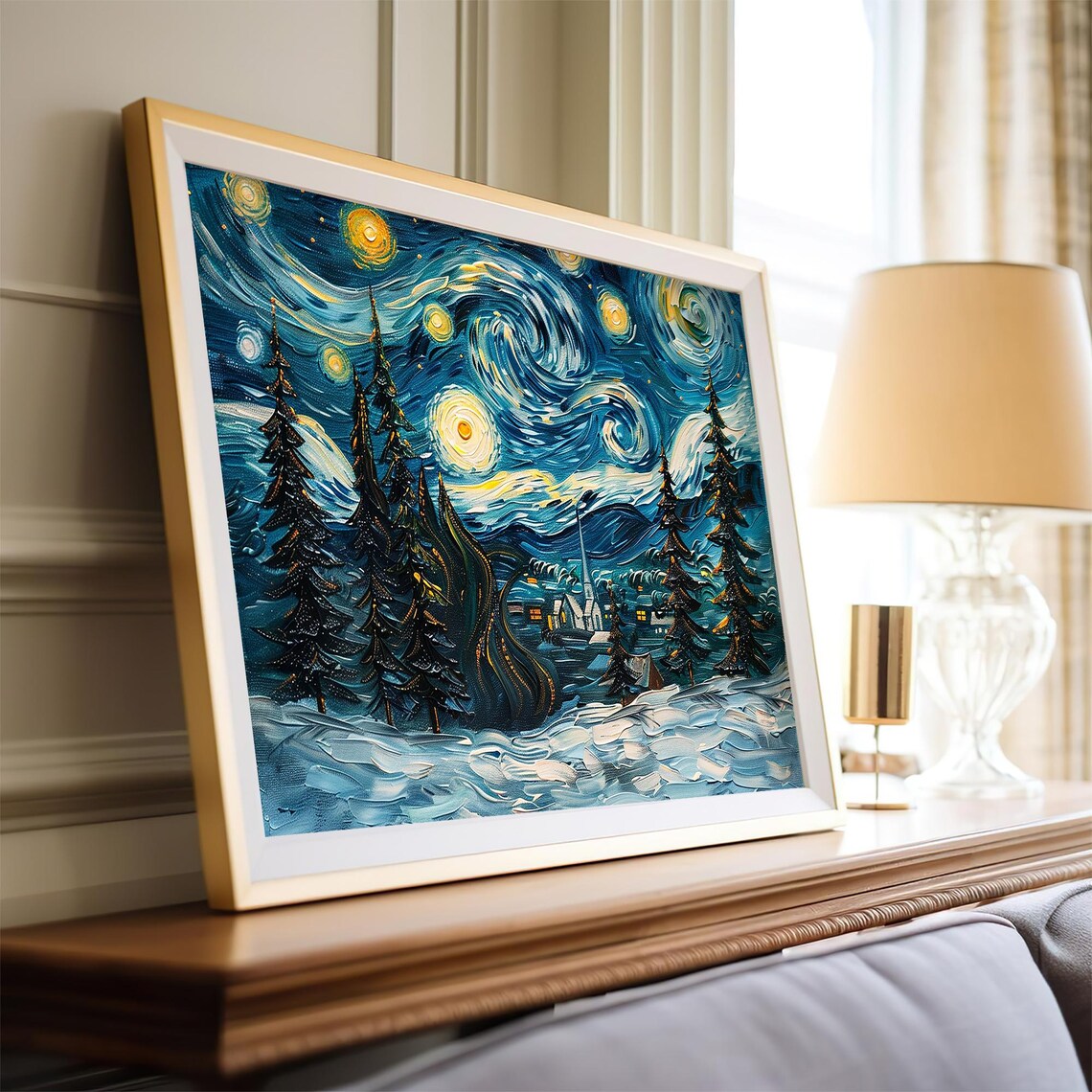Starry Night Winter Village Church Swirling Sky Snow Wall Art Print - Image 4