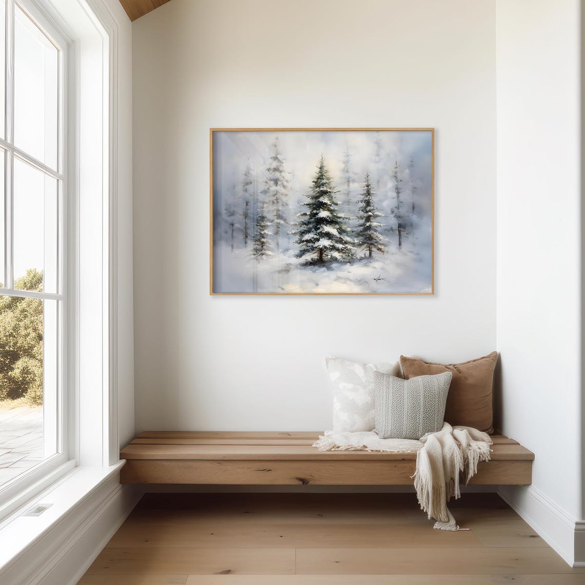 Snowy Evergreen Trees in a Misty Winter Forest Soft Painting Poster - Image 3