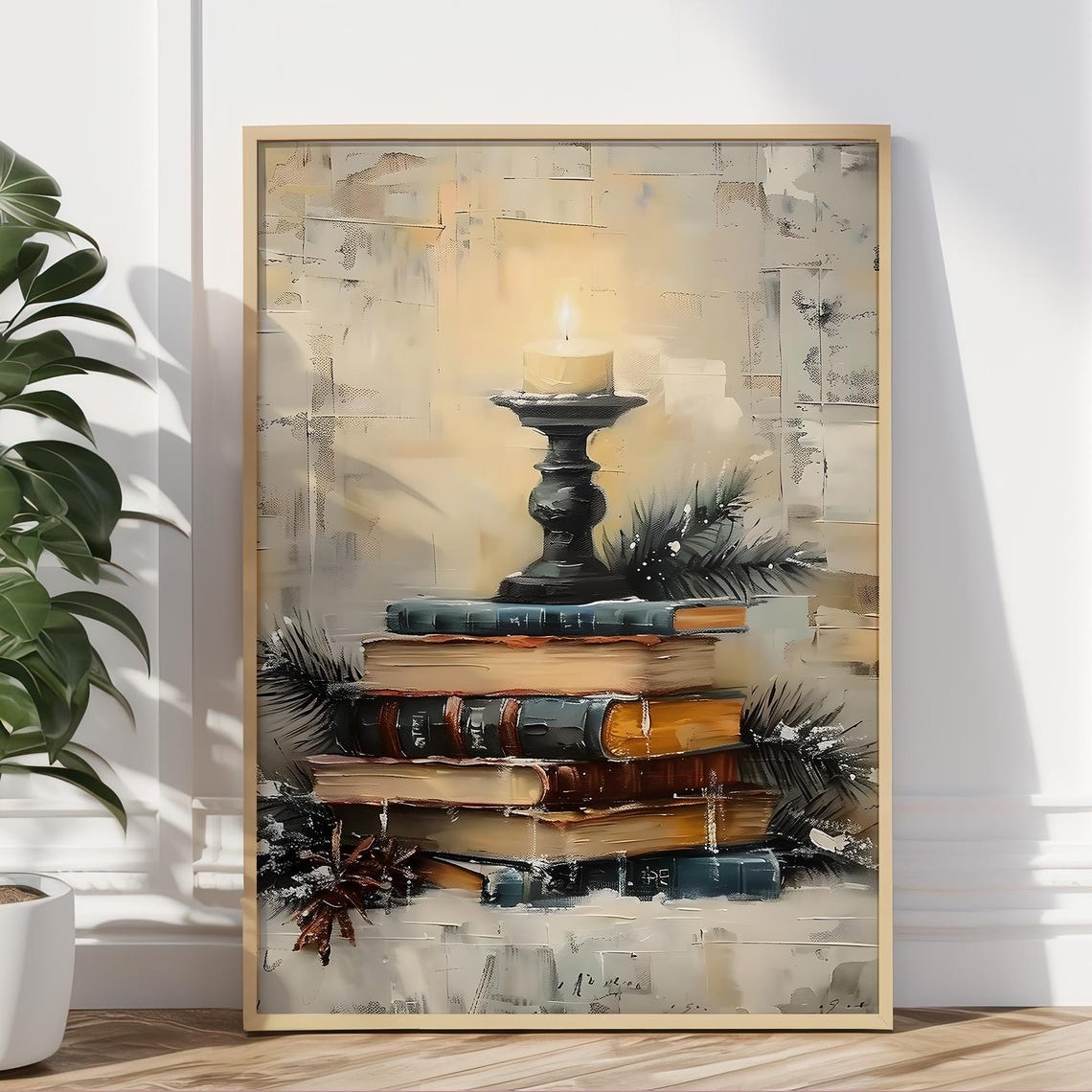 Lit Candle Antique Books Stack Winter Pine Vintage Wall Art Poster - Image 5