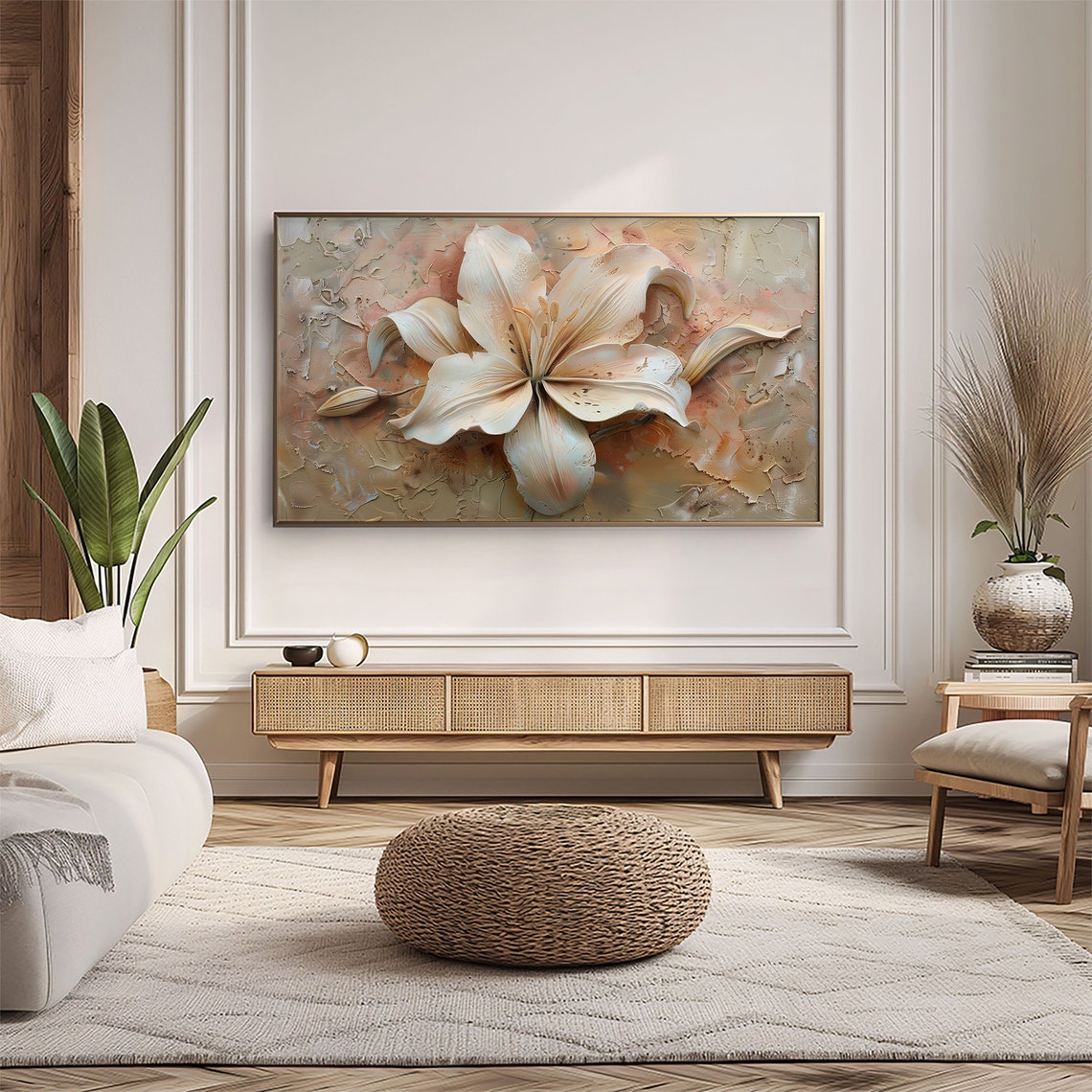 Sculpted White Lily Warm Neutral Textured Floral Painting Wall Art - Image 5
