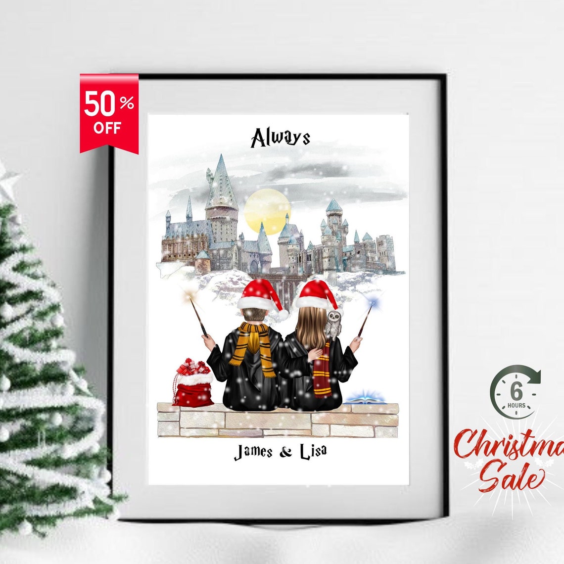 Personalized Wizard School Couple Christmas Gift Portrait Poster