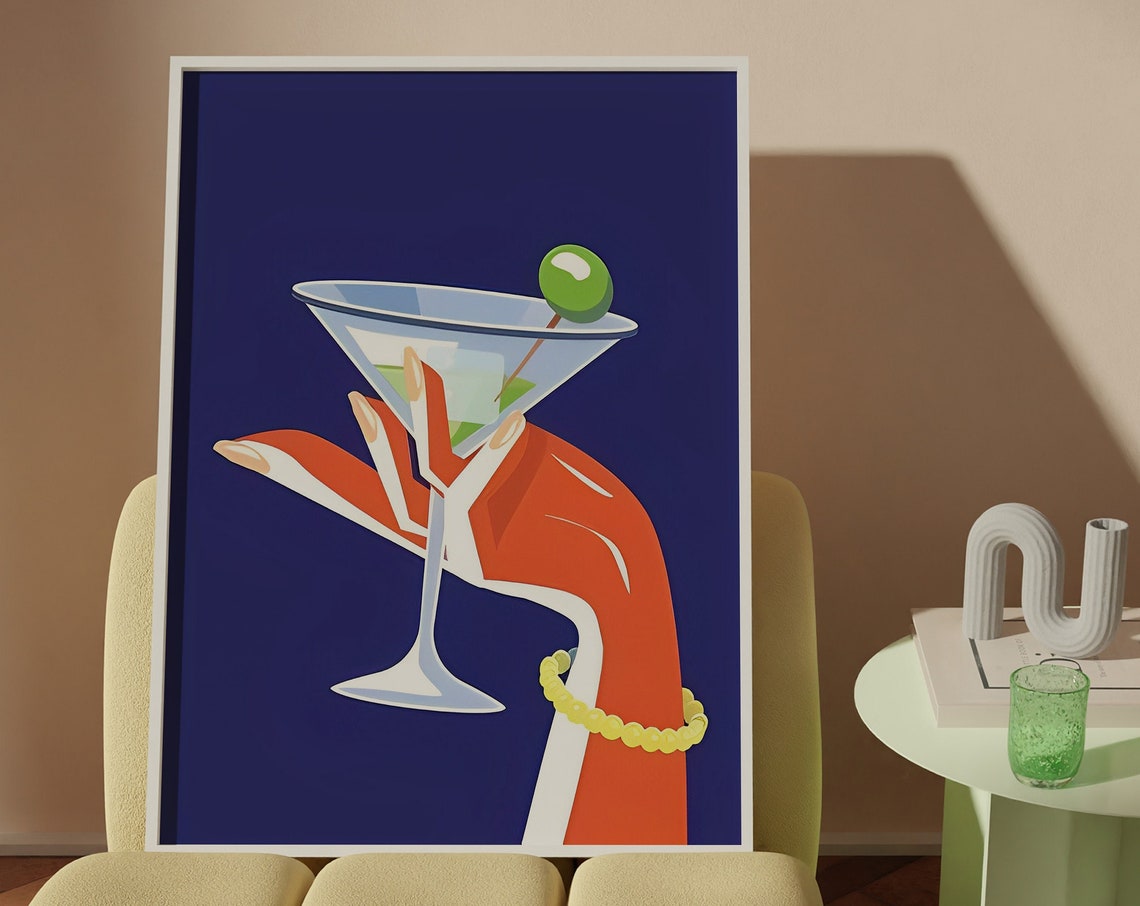 Martini Glass Green Olive Bold Pop Art Hand Navy Bar Cart Poster