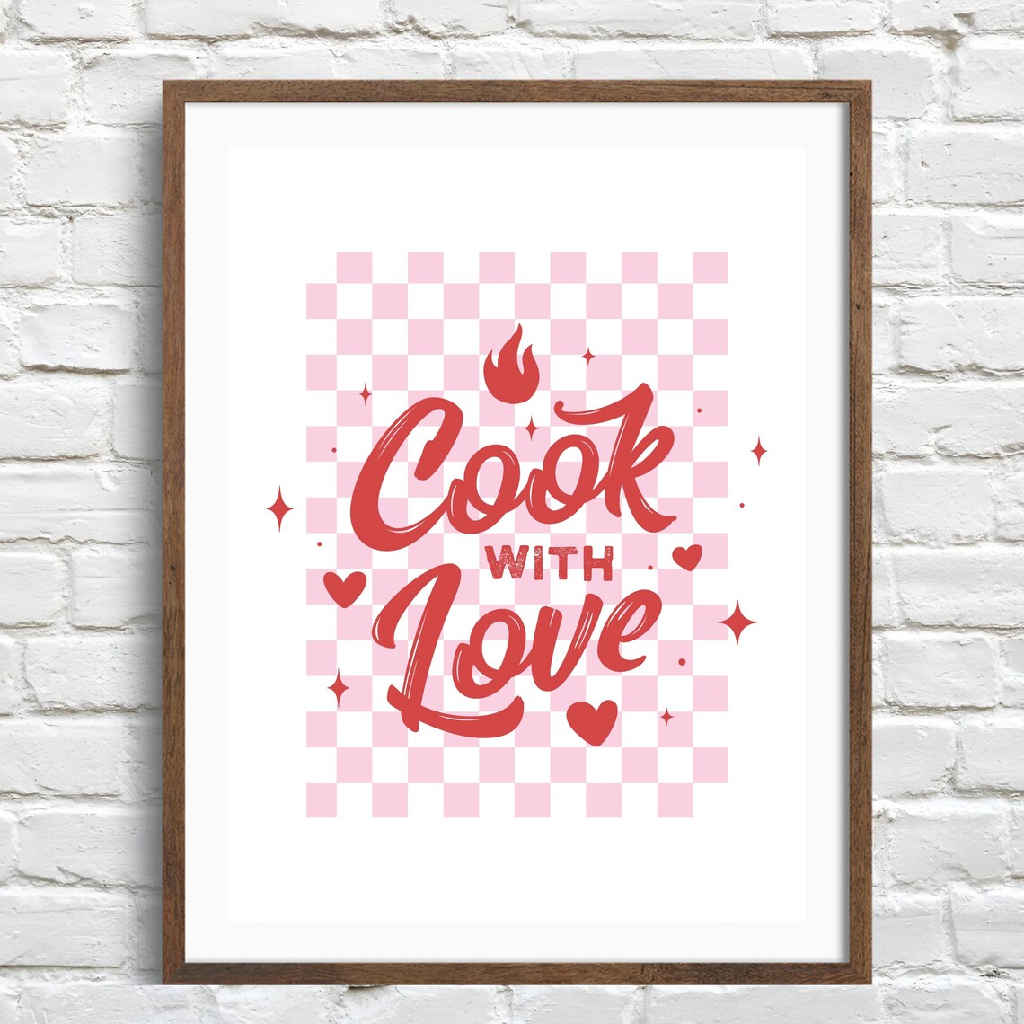 Cook With Love Retro Checkered Kitchen Art Print
