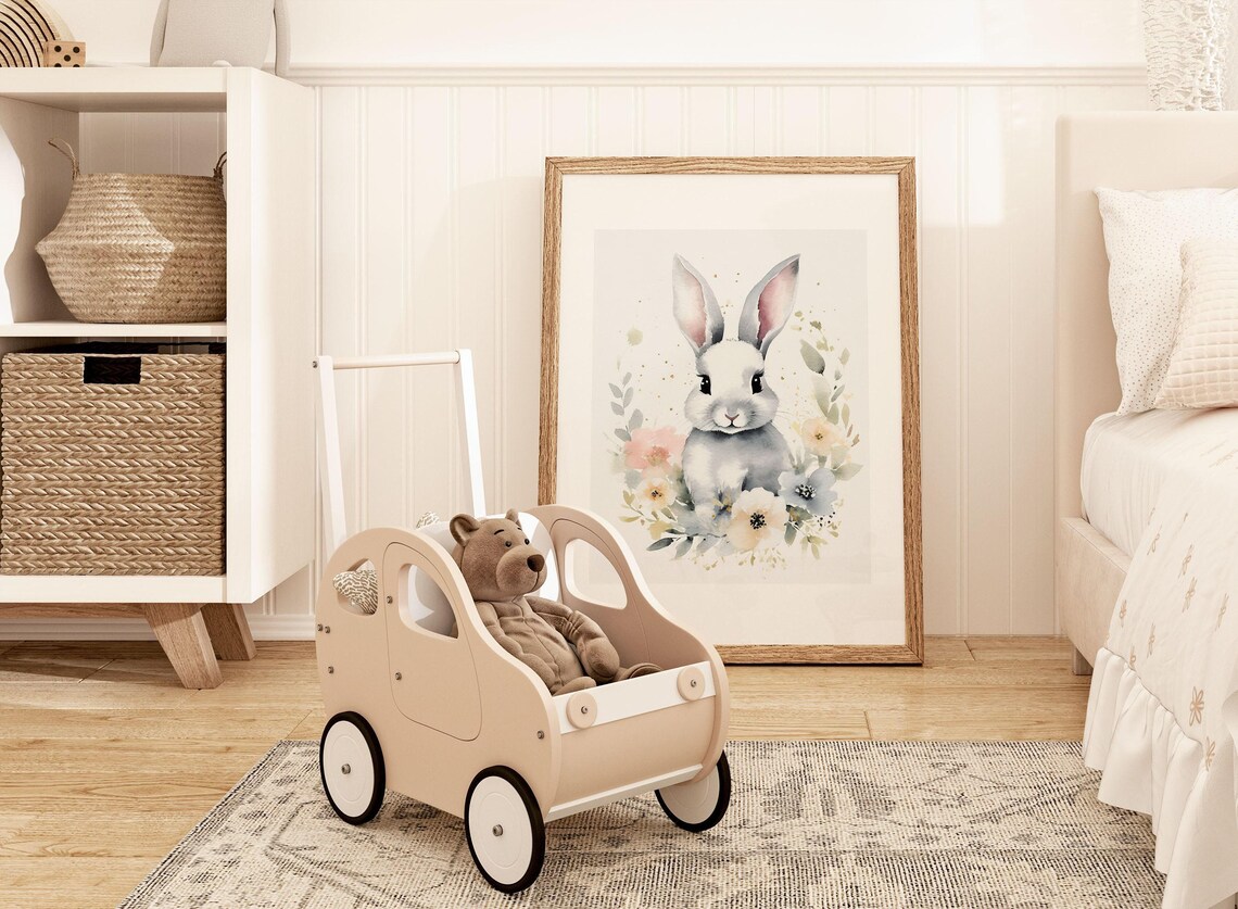 Adorable Baby Rabbit Watercolor Floral Nursery Portrait Poster - Image 2