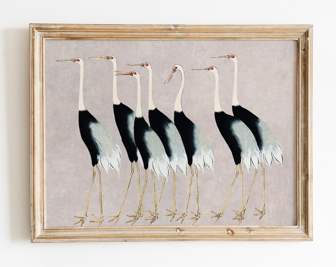 Flock Of Red Crown Crane Art Print, Japanese Abstract - Image 2