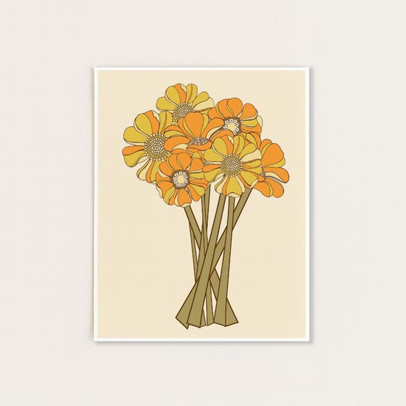Retro Bouquet Print, 70s Floral Wall Art