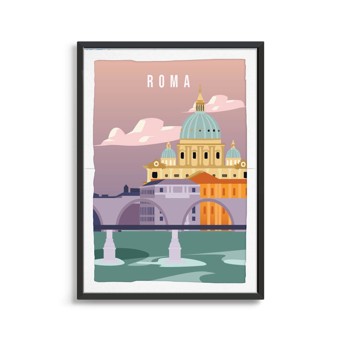 Roma Saint Peter Basilica Dome River Vintage Italy Travel Poster