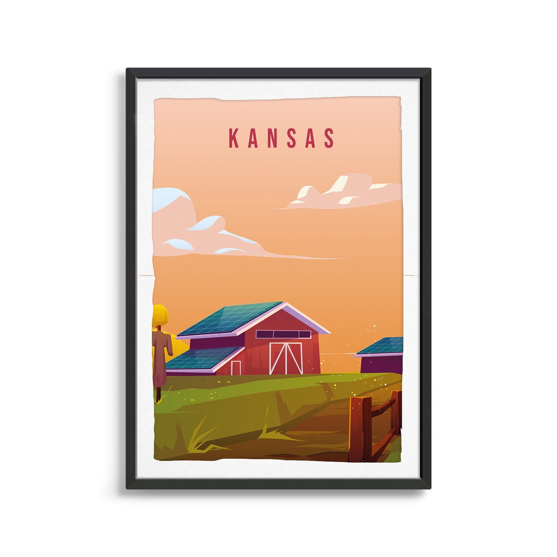 Kansas Vintage Travel Art Red Barn Farm Prairie Sunset Poster