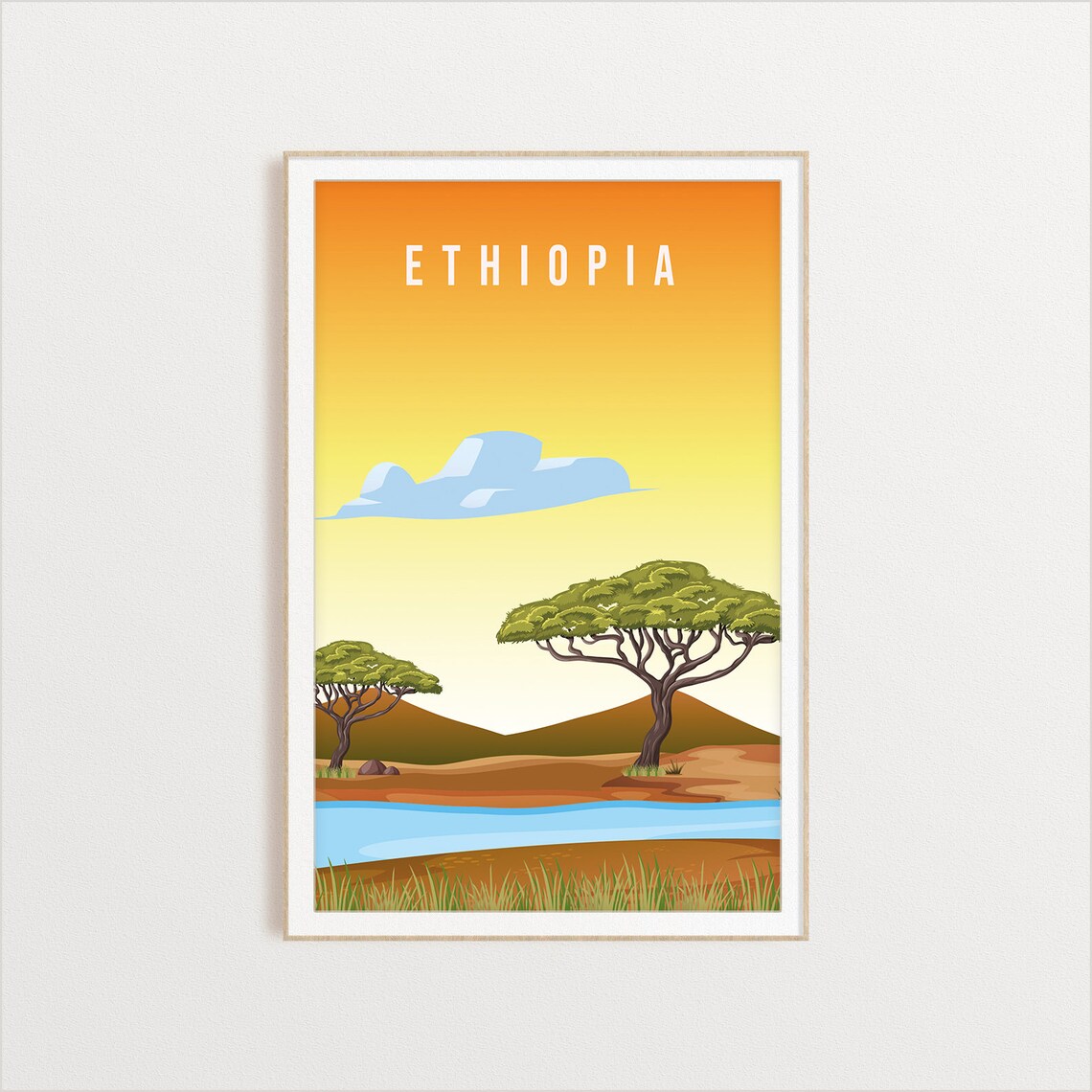 Ethiopia African Savanna Acacia Tree Golden Sunset Travel Poster