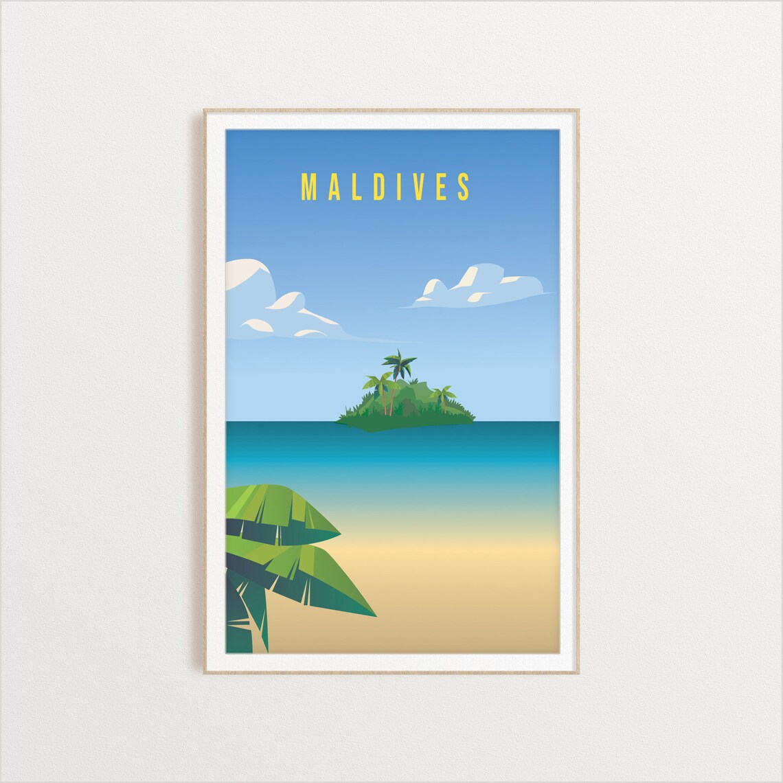 Maldives Vintage Travel Art Tropical Island Turquoise Sea Poster