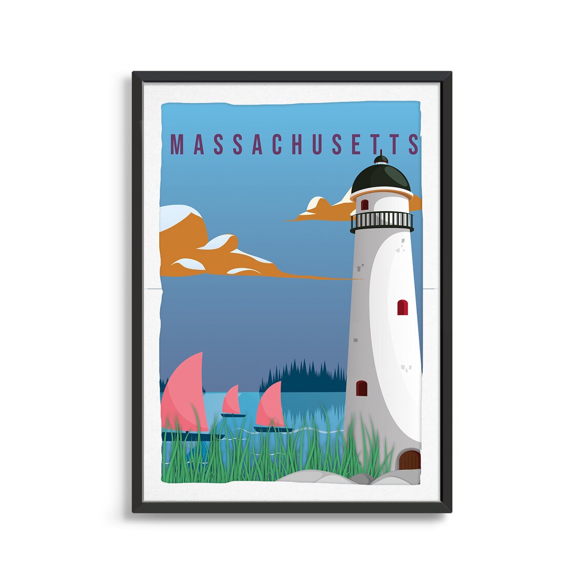 Massachusetts Lighthouse Sailboats Coastal Vintage Travel Poster