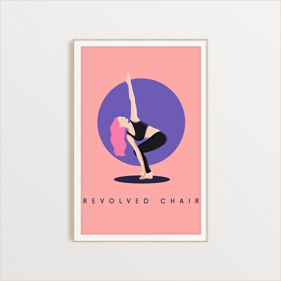 Revolved Chair Retro Yoga Standing Pose Sun Circle Flat Illustration Print