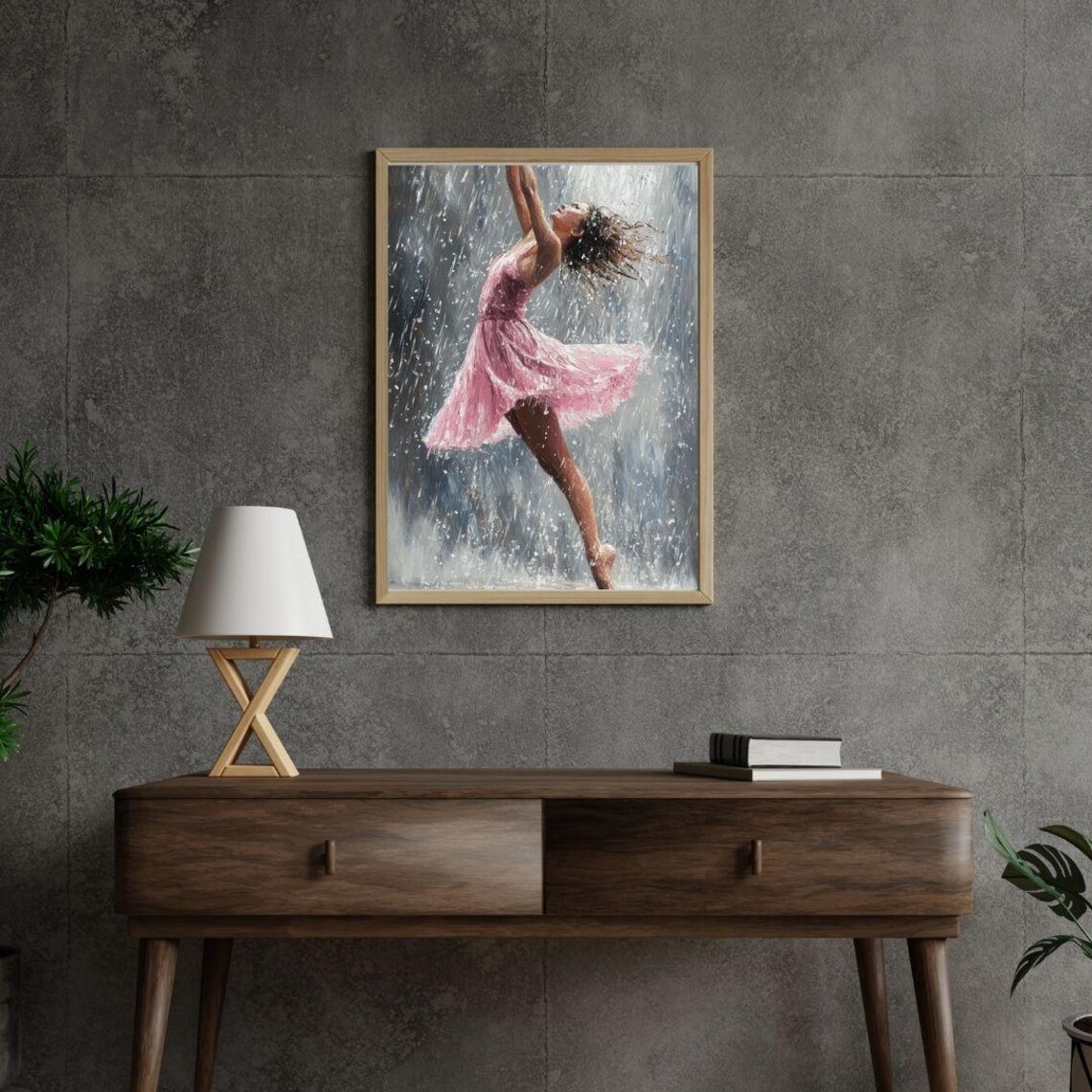 Ballerina Dancing In The Rain Pink Dress Emotional Graceful Dance Art Poster - Image 2