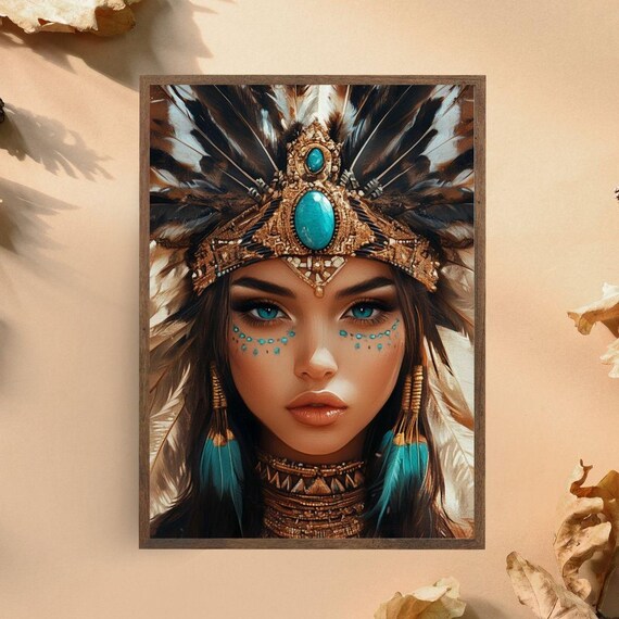 Tribal Woman Art Print Boho Framed Wall Art Native Inspired Portrait Turquoise And Feather Headdress Decor