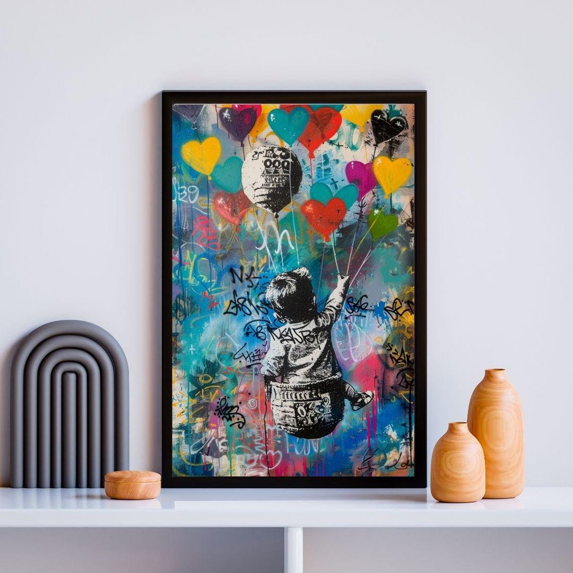 Kid With Heart Balloons Graffiti Street Art Whimsical Wall Poster - Image 2