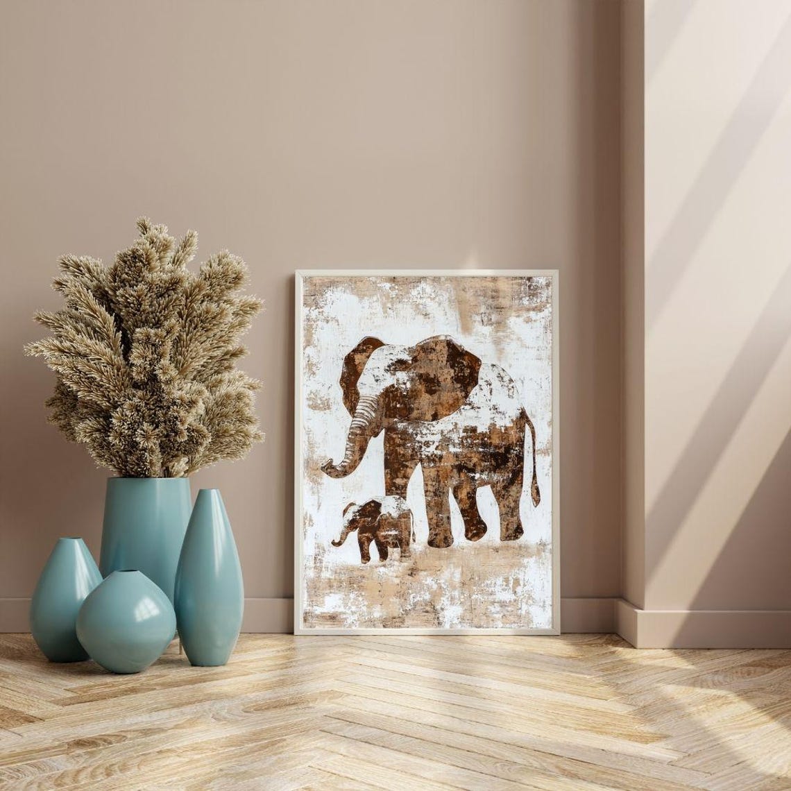 Mother Baby Elephant Rustic Silhouette Safari Nursery Wall Poster - Image 3