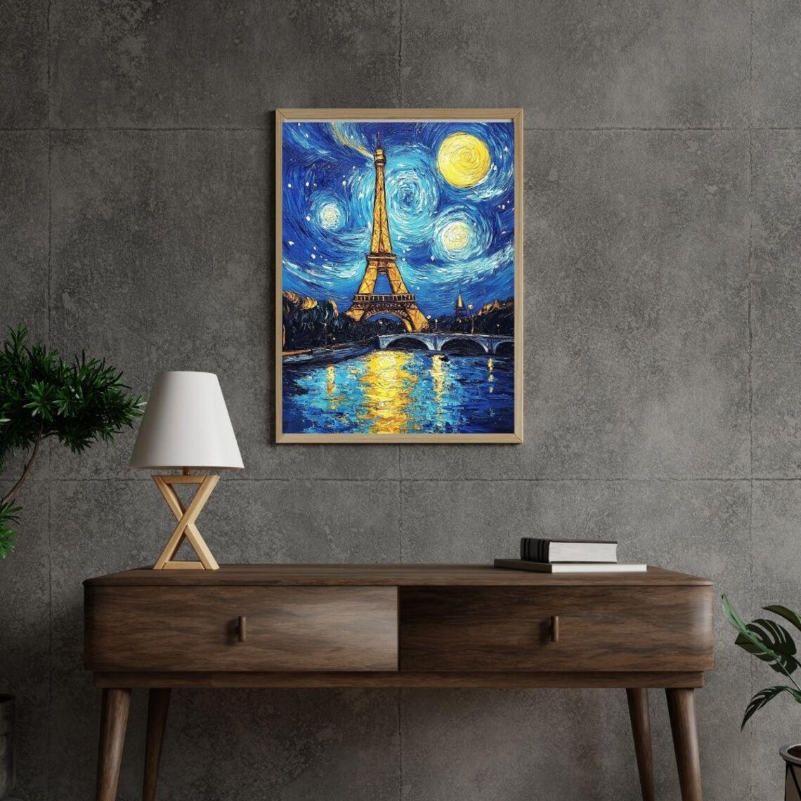 Eiffel Tower Starry Night Van Gogh Style Seine Reflection Paris Art Poster - Image 2