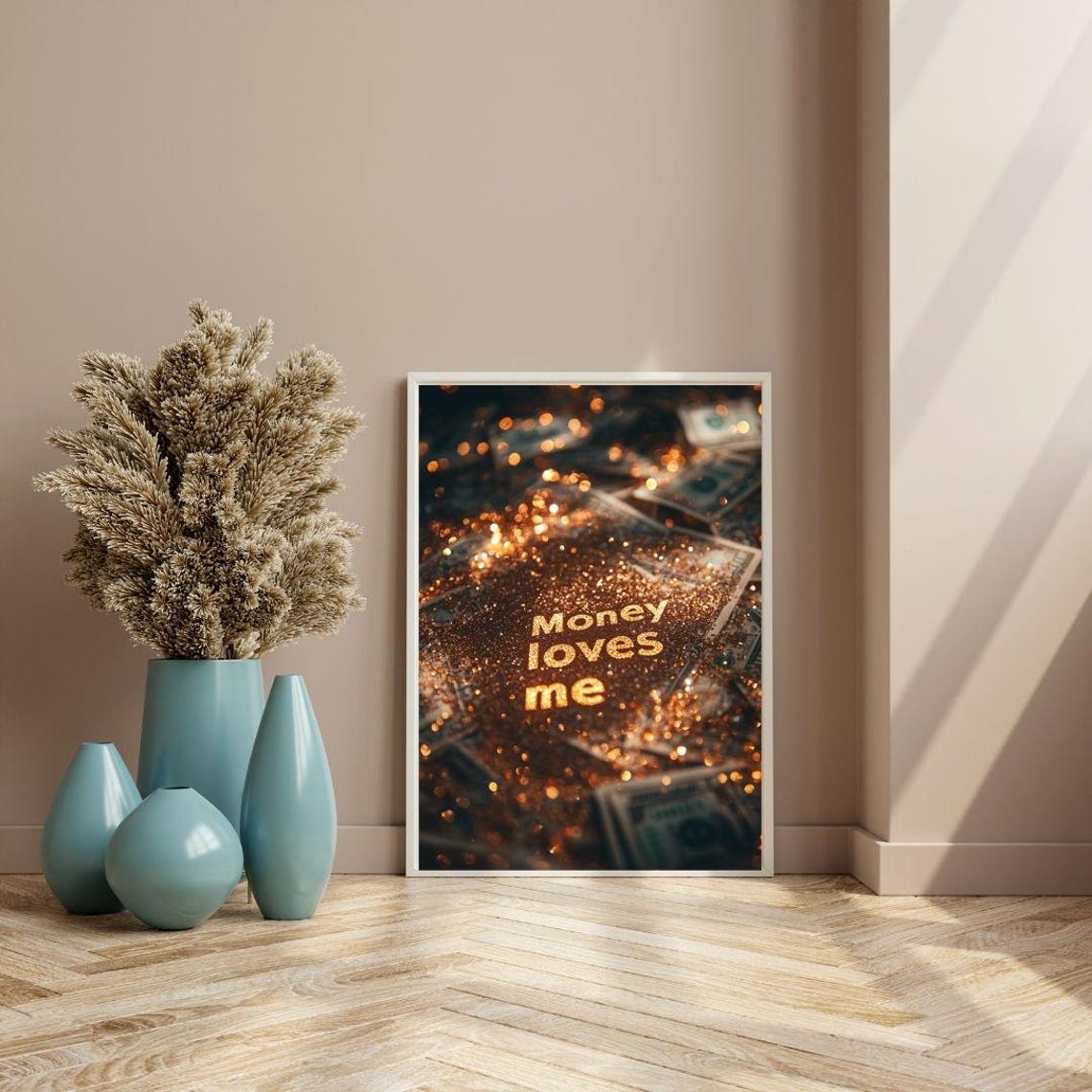 Money Loves Me Gold Glitter Affirmation Dark Wealth Mindset Poster - Image 3