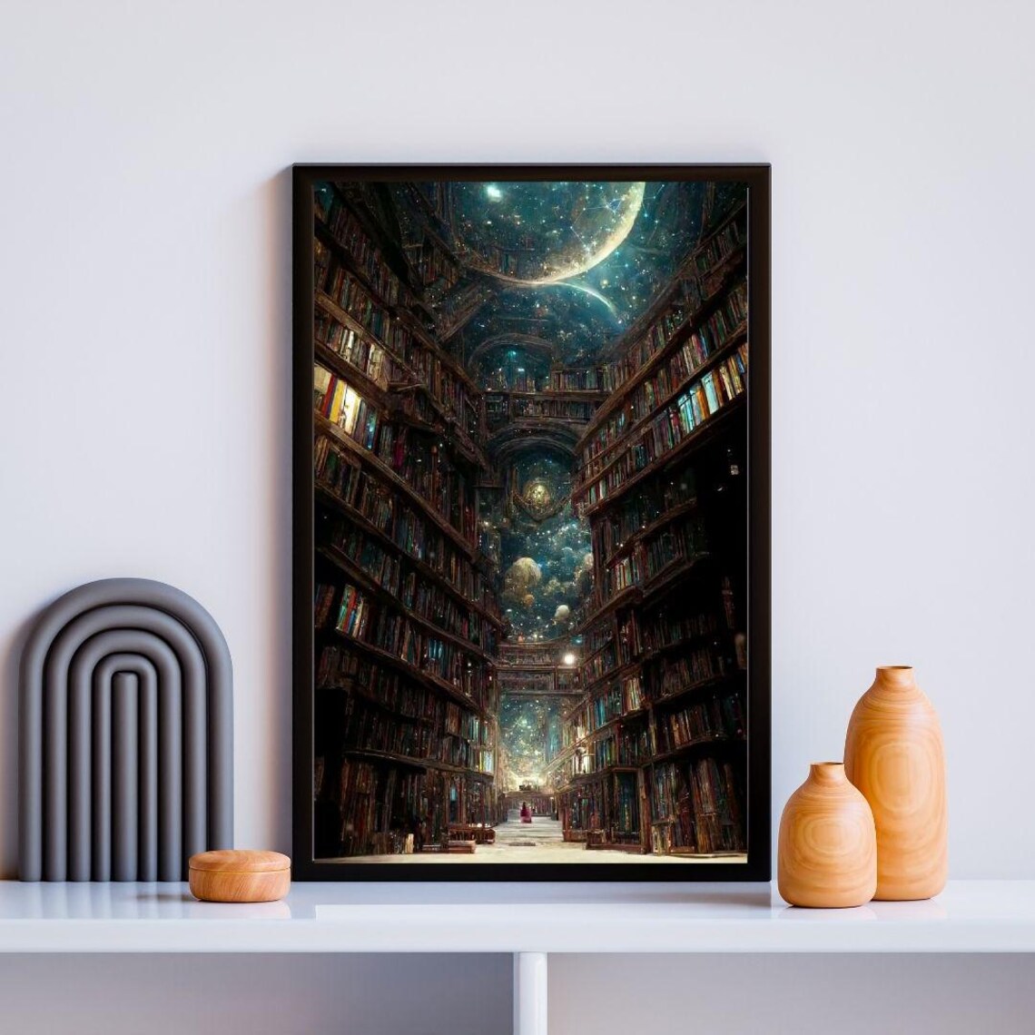 Cosmic Library Surreal Fantasy Bookshelves Under Starry Night Sky Art Print - Image 2