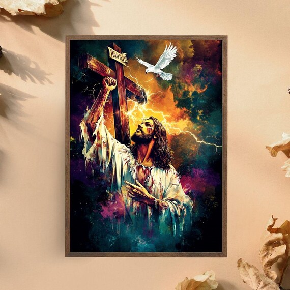 Jesus Christ Carrying The Cross With Dove Vibrant Christian Faith Wall Poster