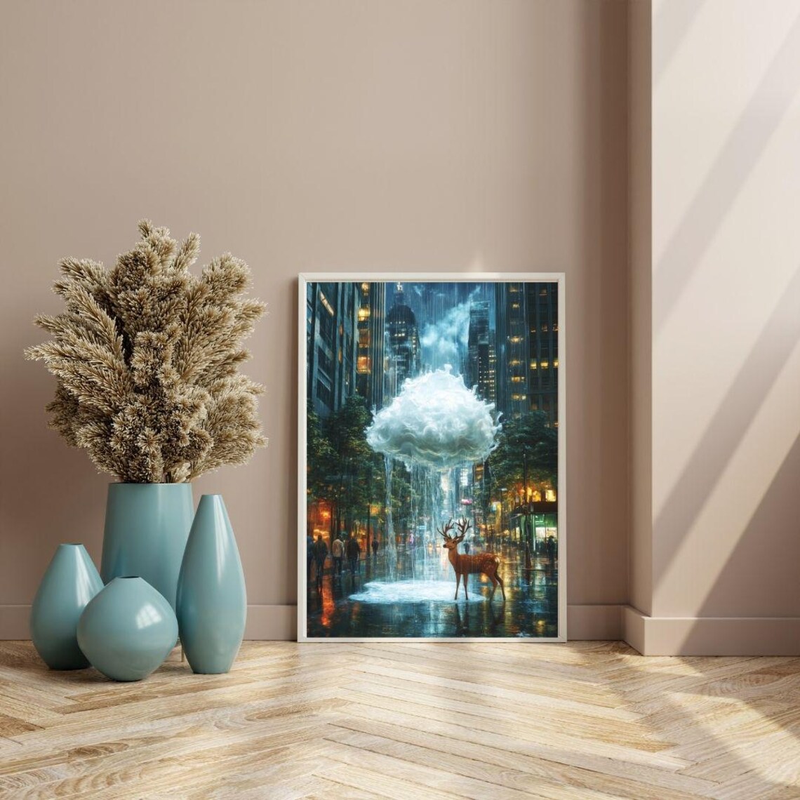 Surreal Floating Cloud Raining Over Deer In City Street Dreamy Night Poster - Image 3