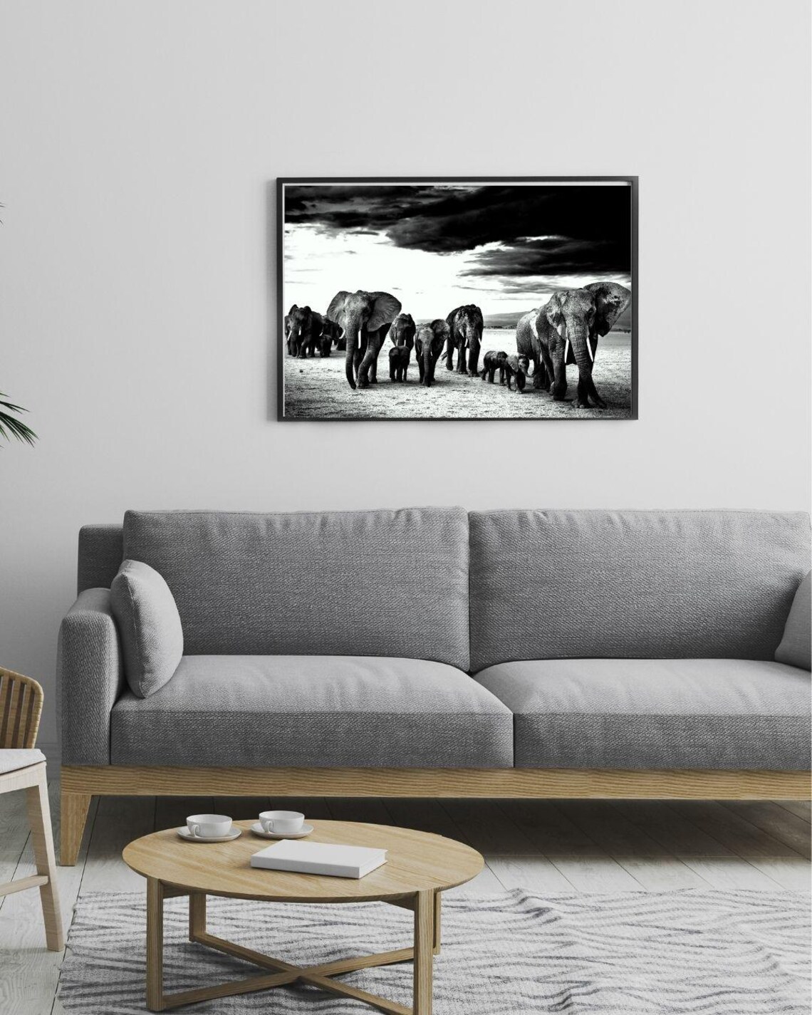 Elephant Herd Black And White African Safari Photography Dramatic Wall Poster - Image 2
