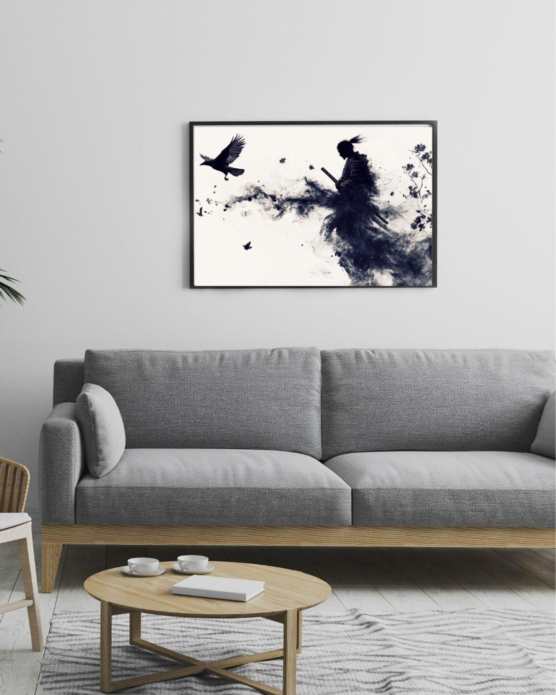 Samurai Ink Splash Dynamic Japanese Warrior Crows Black And White Art Poster - Image 2