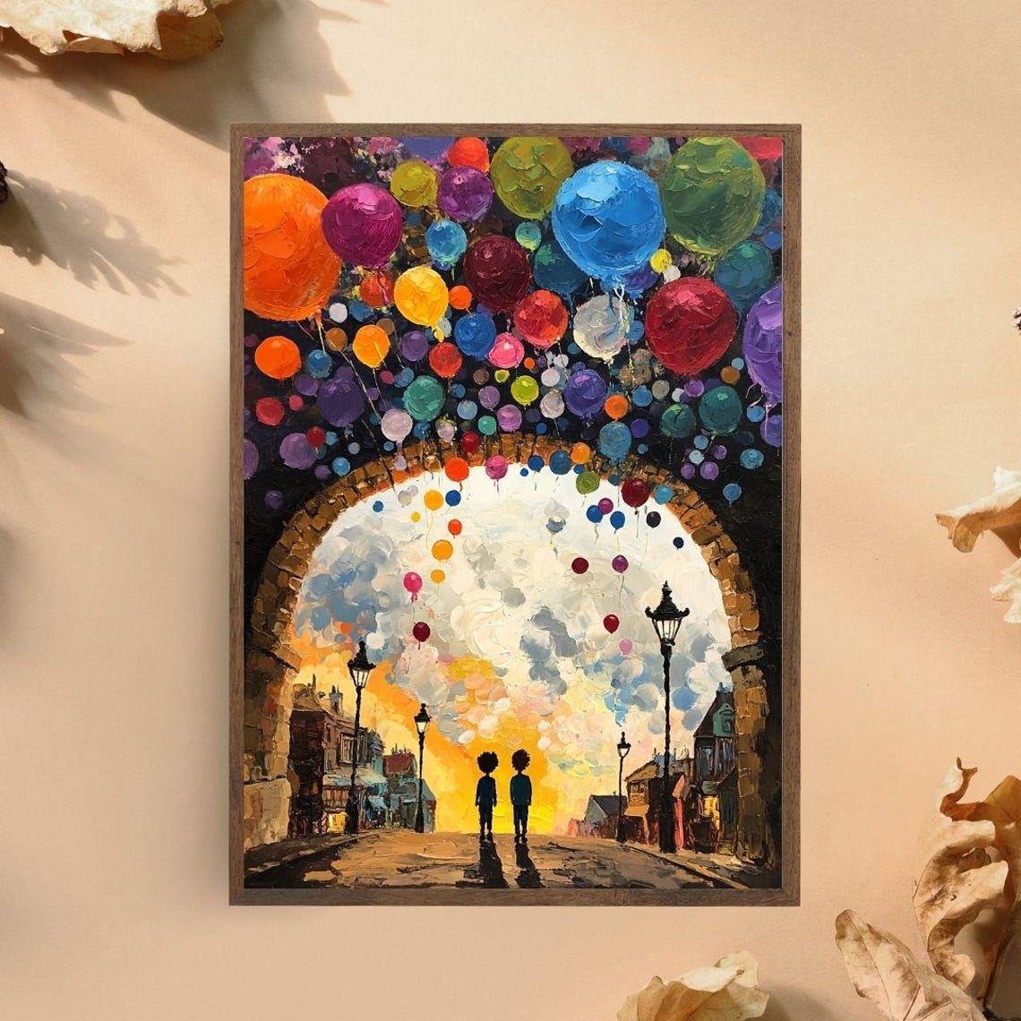 Two Kids Under Arch Colorful Balloons Sunset Street Painting Poster