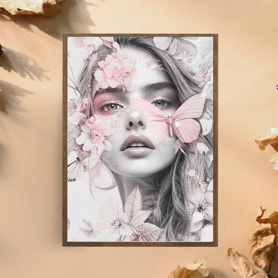 Butterfly Woman Art Print Dreamy Floral Portrait Surreal Feminine Wall Art For Nature And Beauty Lovers