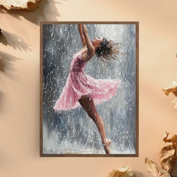 Ballerina Dancing In The Rain Art Print Graceful Dance Wall Decor Ballet Dancer In Pink Dress Emotional Rain Dance Poster Ballet Art
