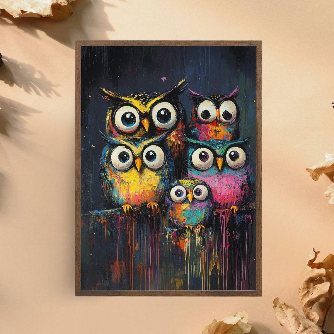 Owl Family Art Print Whimsical Owl Wall Decor Vibrant Owl Painting Cute Family Of Owls Poster Playful Animal Art For Kids Room