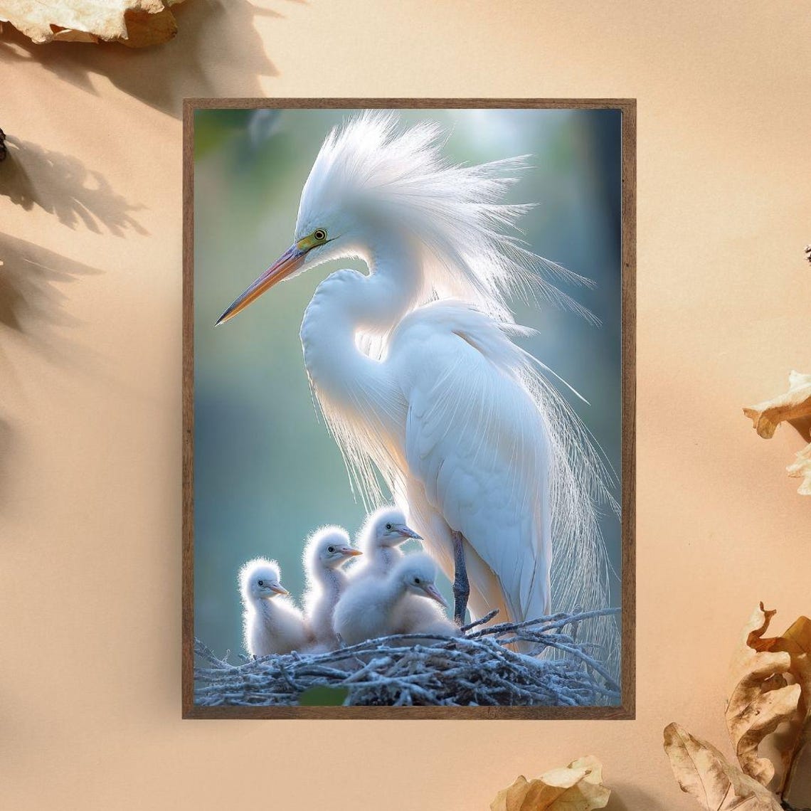 Mother Egret And Chicks Nest Serene Bird Family Nature Poster