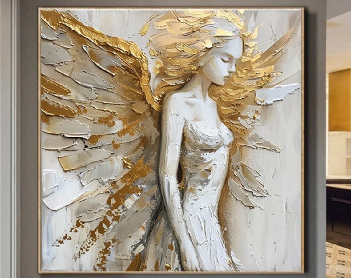 Gold Wings White Angel, Abstract Oil Painting Print