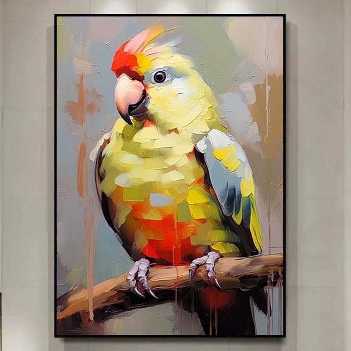 Yellow Green Parrot Portrait Perched On Branch Impasto Poster
