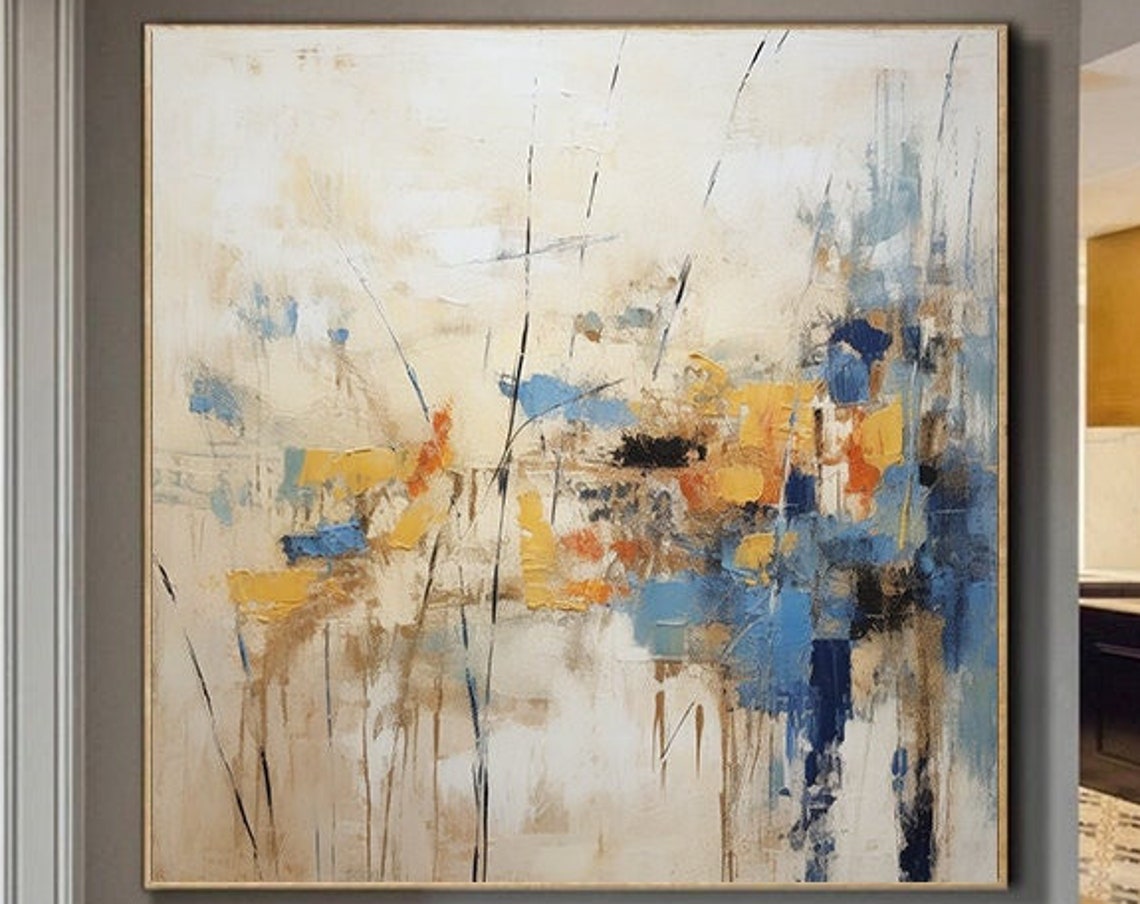 Cream Blue and Mustard Abstract Brushwork Square Wall Poster