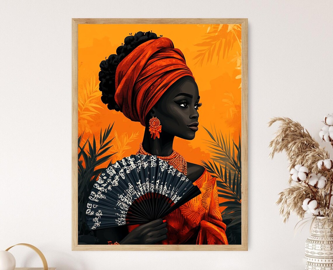 Nigerian Woman Illustration Yoruba Hand Fan Adire Motifs African Heritage Art