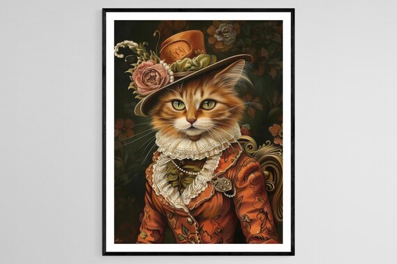 Orange Tabby Cat in a Victorian Rose Hat and Lace Attire Poster