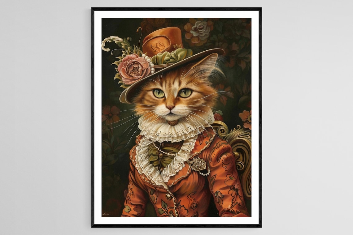 Orange Tabby Cat in a Victorian Rose Hat and Lace Attire Poster