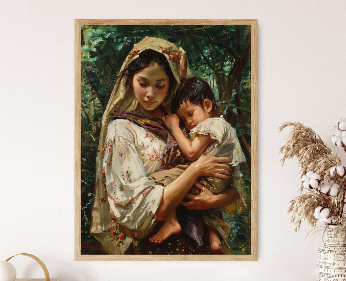 Filipina Woman With Child Traditional Philippines Scene Painting Collectible Art For Home Filipino Heritage Gift